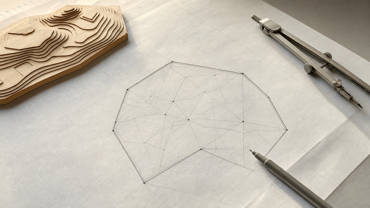 Cálculo de área de polígonos no plano Desenho técnico de figura poligonal sobre papel vegetal quadriculado com compasso e instrumentos de desenho