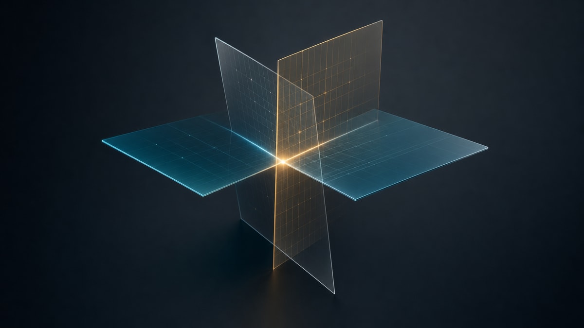 Representação geométrica tridimensional de planos e retas se cruzando e paralelas no espaço cartesiano