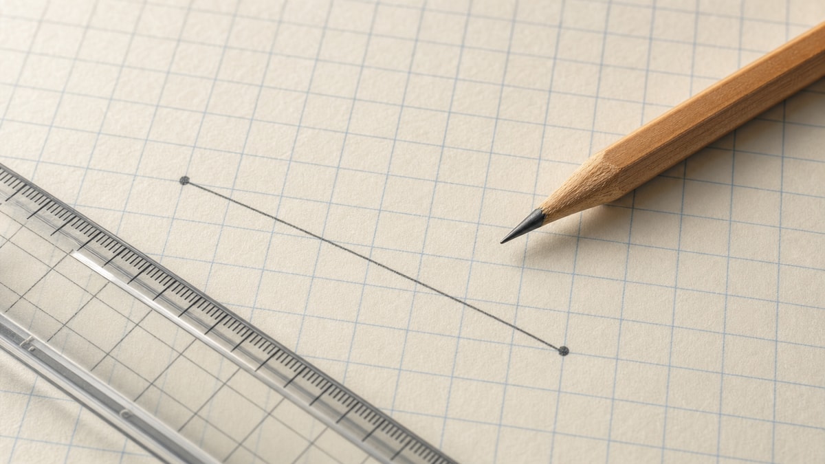 Medição de distância no plano cartesiano Traçado em papel milimetrado conectando dois pontos com régua transparente simulando cálculo de distância