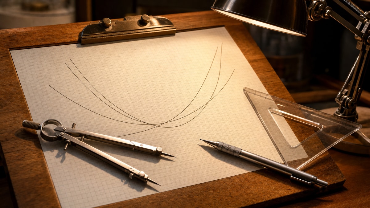Instrumentos técnicos e papel milimetrado para resolução matemática Papel milimetrado com esboço de parábola e instrumentos de desenho técnico em prancheta de madeira