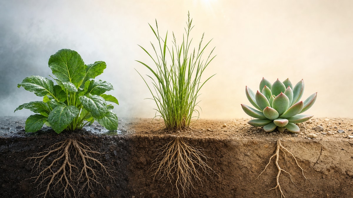 Plantas C3, C4 e CAM Comparação visual entre plantas de diferentes ambientes e estratégias de fixação de carbono