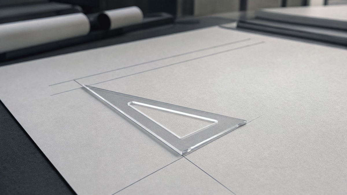 Retas perpendiculares e paralelas em geometria Duas retas perpendiculares e uma paralela traçadas com esquadro acrílico sobre prancheta técnica