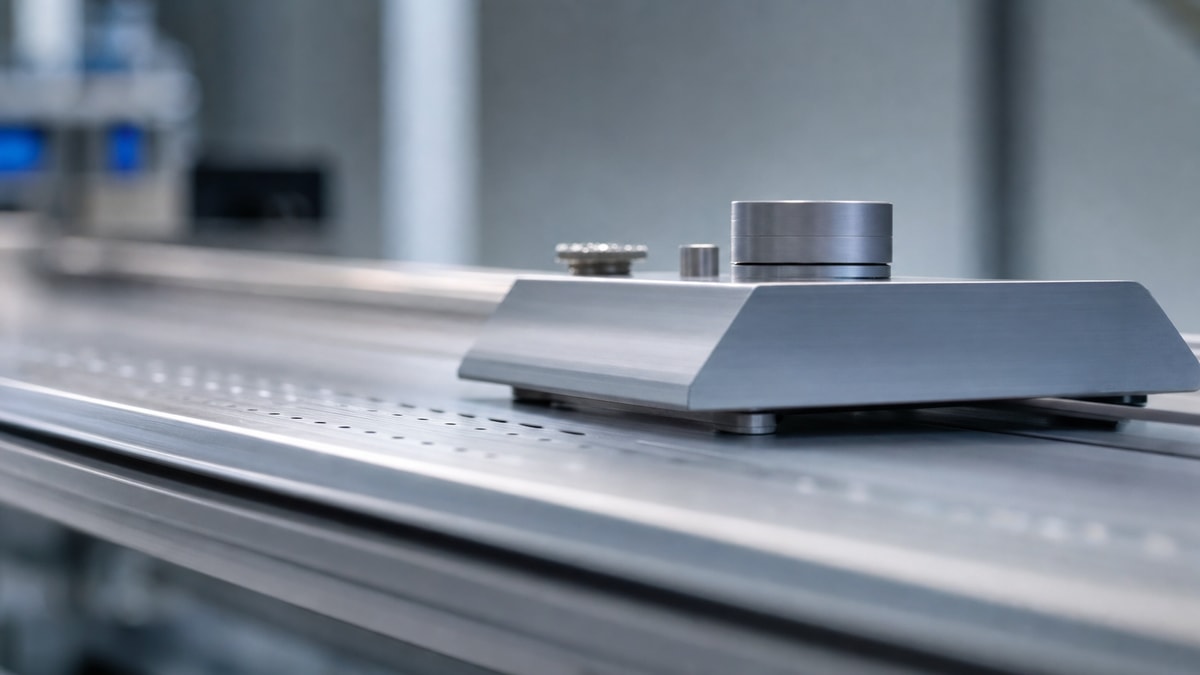 Experimento de inércia em trilho de ar linear Planador metálico deslizando em trilho de ar com atrito reduzido para estudo da lei da inércia.