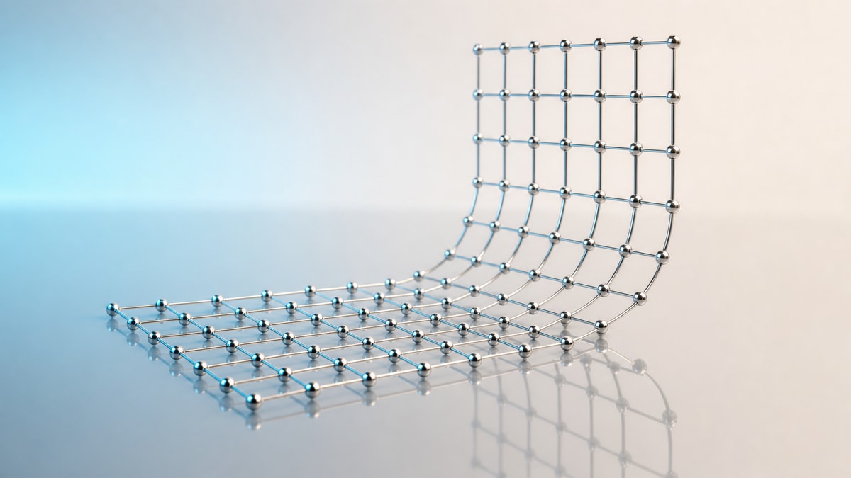 Malha geométrica tridimensional refletida e rotacionada sobre plano fosco, representando transformações matriciais.