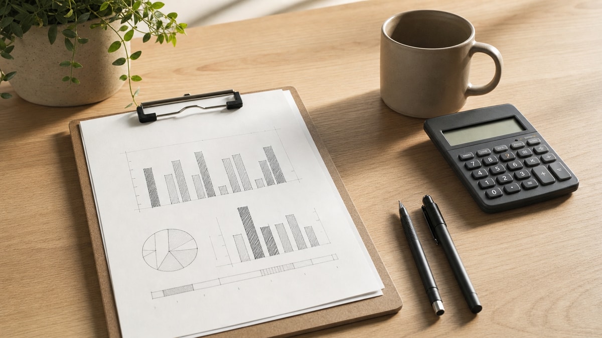 Problemas contextualizados de inequação Bancada de estudo com prancheta de diagramas analíticos e calculadora para resolução de problemas práticos de inequação.