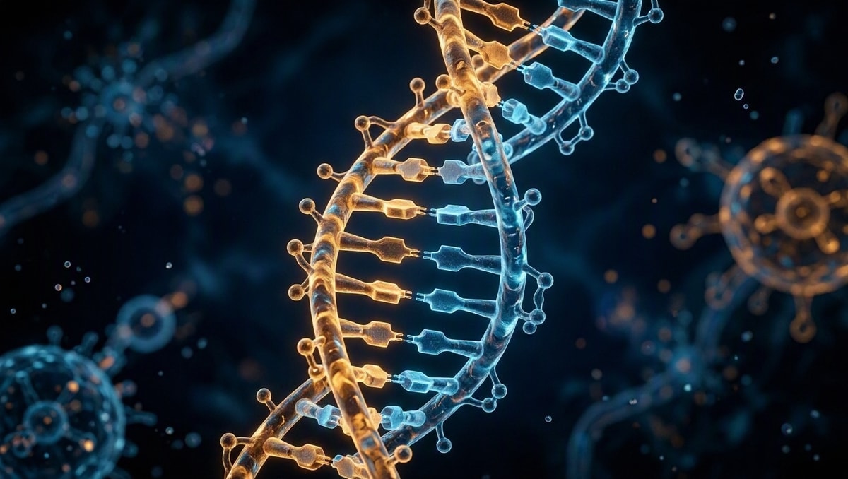 Visualização molecular tridimensional da dupla hélice de DNA destacando o pareamento de bases nitrogenadas.