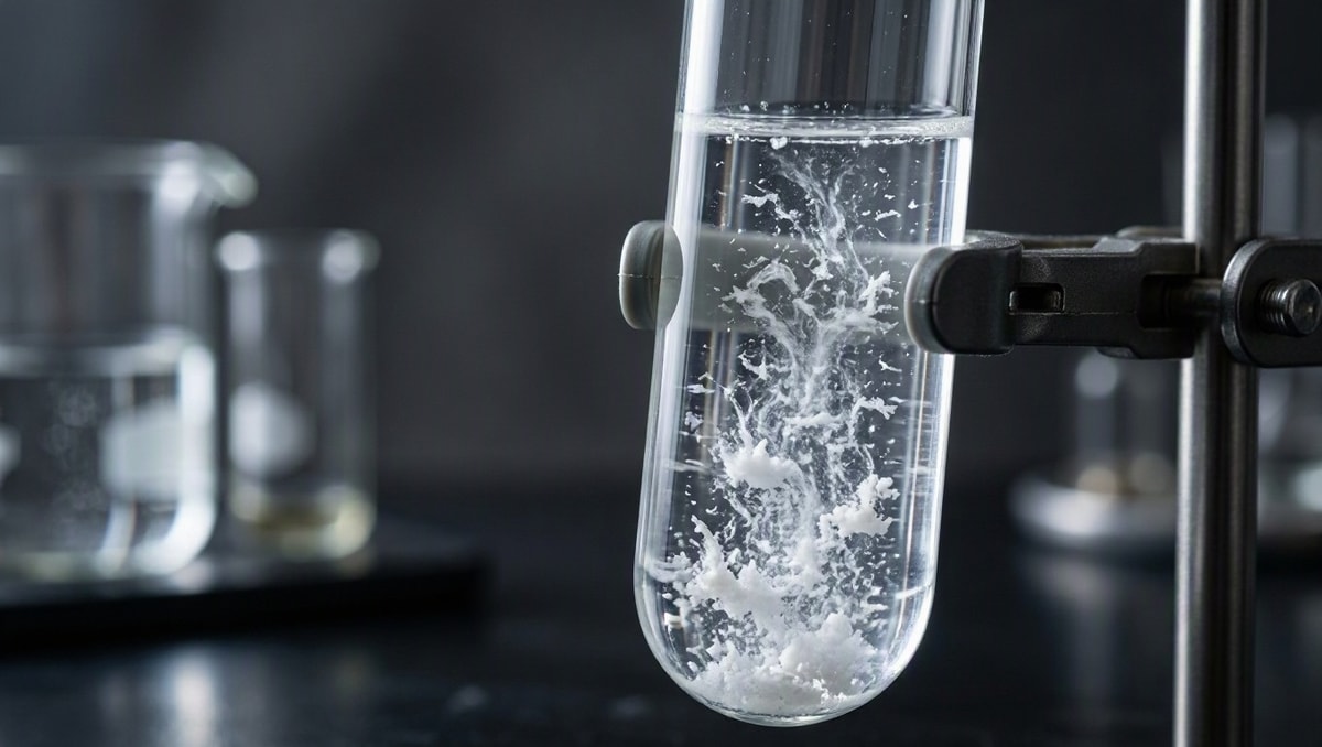 Precipitado branco leitoso em suspensão no interior de tubo de ensaio de vidro durante reação química.