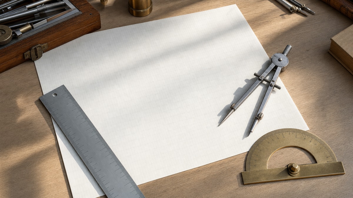 Materiais técnicos para cálculo e análise de movimento retilíneo Mesa de desenho técnico com papel milimetrado em branco e instrumentos de medição para estudo geométrico.