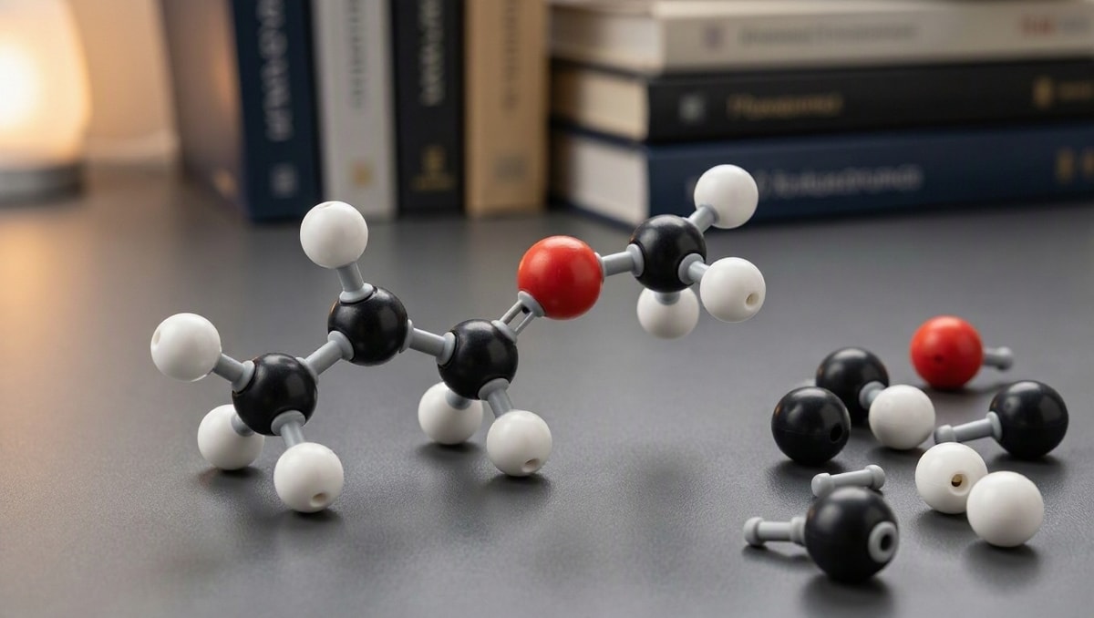 Modelo tridimensional de estrutura molecular com esferas conectadas representando um composto orgânico halogenado sobre mesa de estudo.