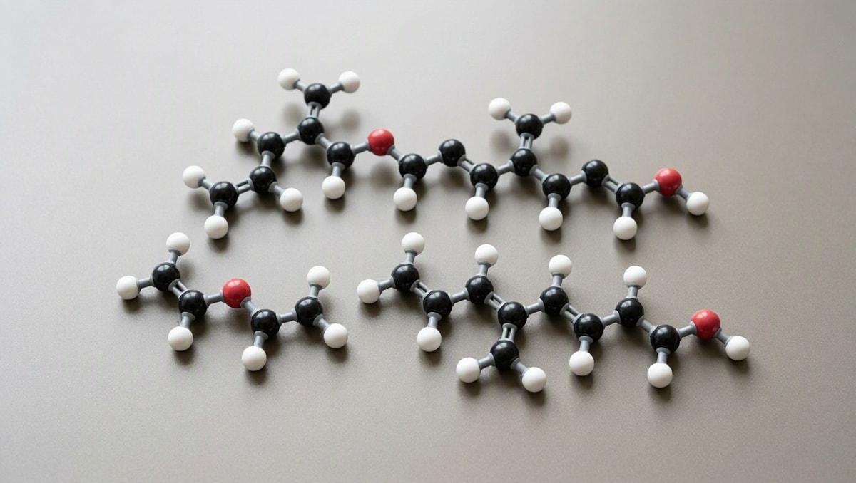 Comparação entre modelos moleculares demonstrando diferenças de cadeia e posição em compostos orgânicos.