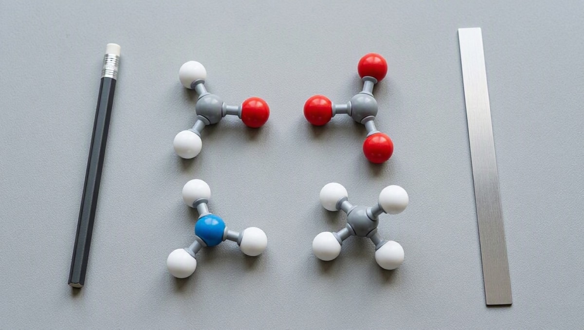 Modelos moleculares coloridos organizados em grupos simétricos sobre mesa de estudos.