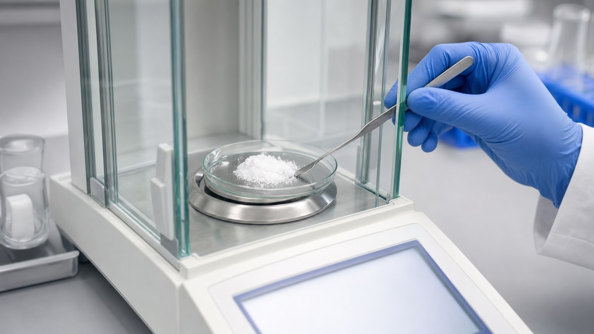 Pesagem precisa em química analítica Balança analítica de precisão com amostra em vidro de relógio manipulada por espátula metálica.
