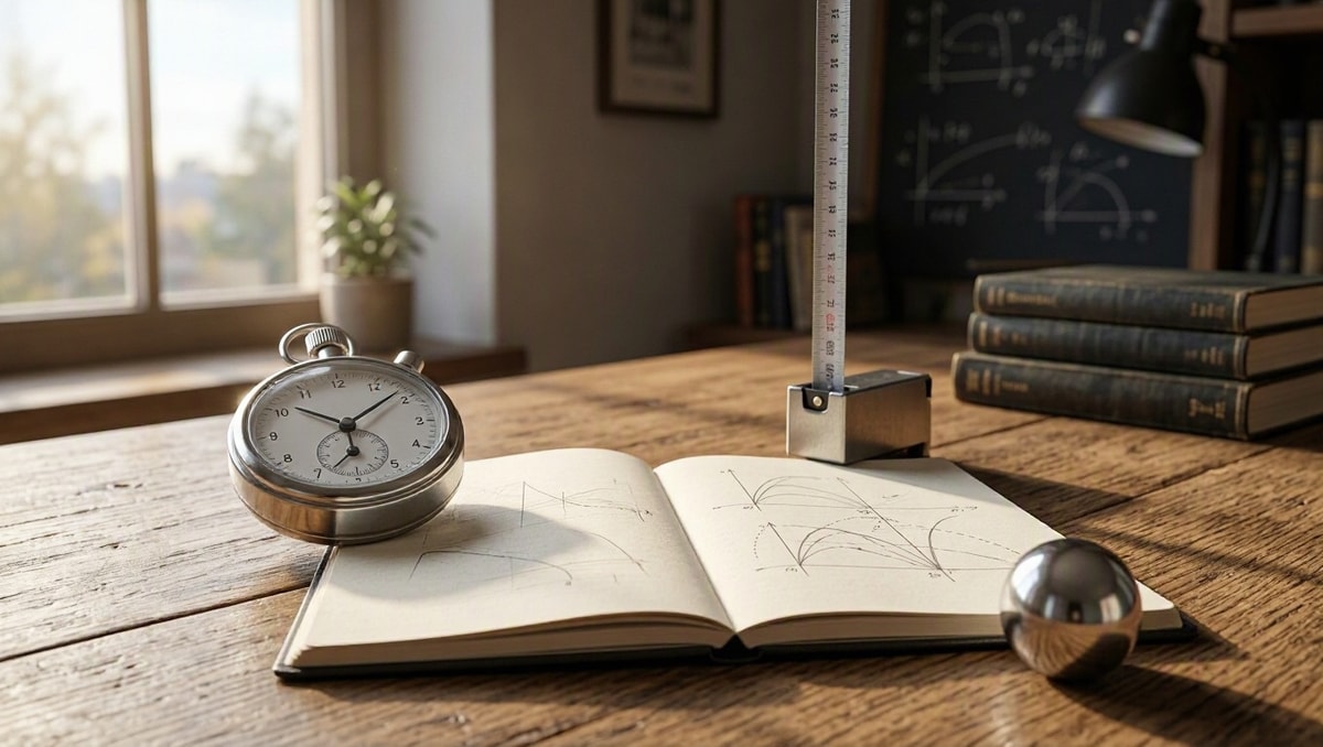 Mesa de estudos com cronômetro analógico, régua de medição e caderno de anotações para exercícios de cinemática.