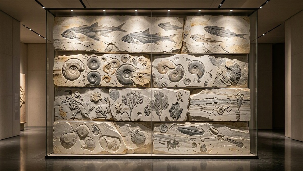 Registro fóssil e ancestralidade Placas de rochas com fósseis de organismos antigos expostas em parede de museu de história natural.
