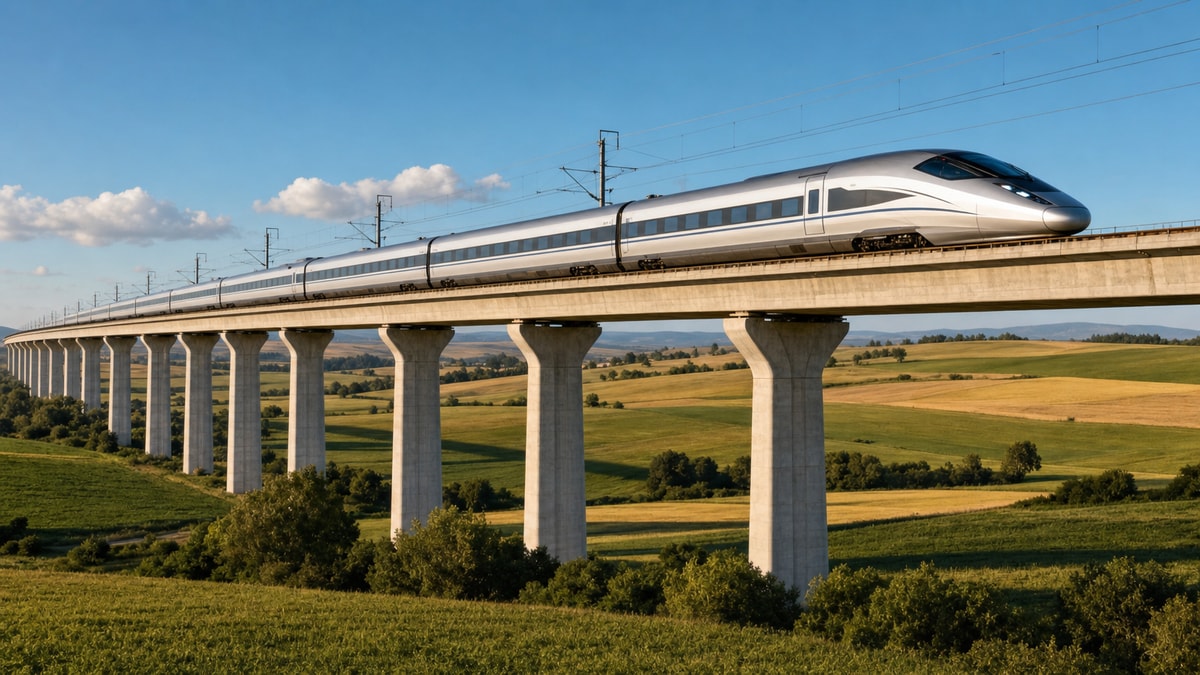 Trem de alta velocidade em trajeto contínuo Trem de alta velocidade percorrendo viaduto em área aberta em movimento uniforme.